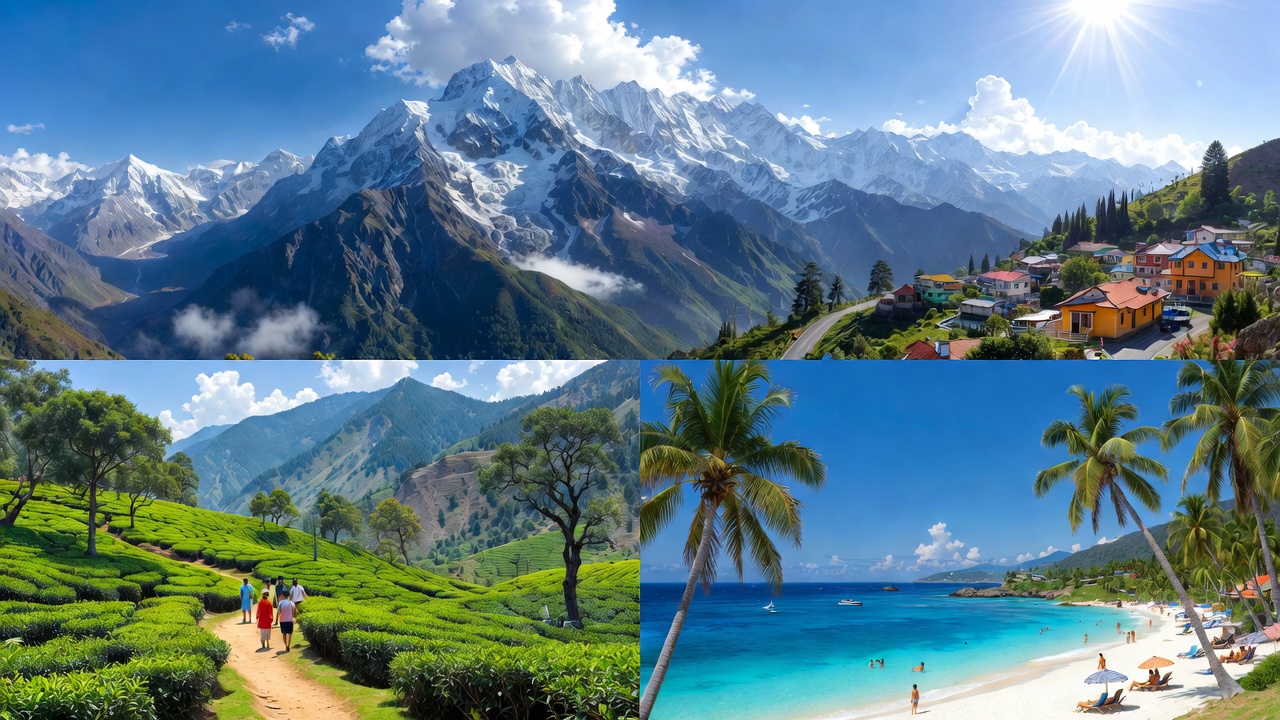 A vibrant summer travel collage of India featuring snow-capped Himalayan mountains