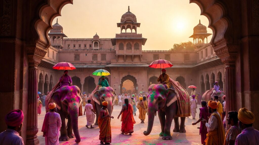 Royal Holi celebration in Jaipur palace courtyard, people in elegant traditional outfits, elephants decorated with colorful patterns, palace architecture in background, pink city vibe, royal grandeur, soft golden sunset light, luxury cultural festival photography