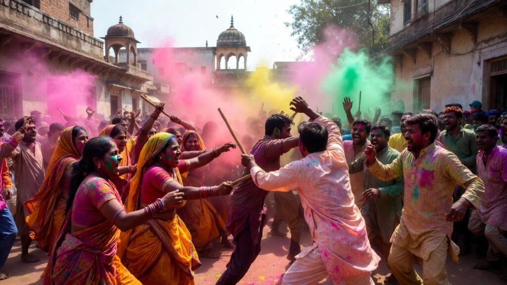 Lathmar Holi in Barsana, women playfully hitting men with sticks, men shielding themselves, colorful powder in air, rural Indian town setting, traditional sarees and kurtas, energetic crowd, festive chaos, bright natural lighting