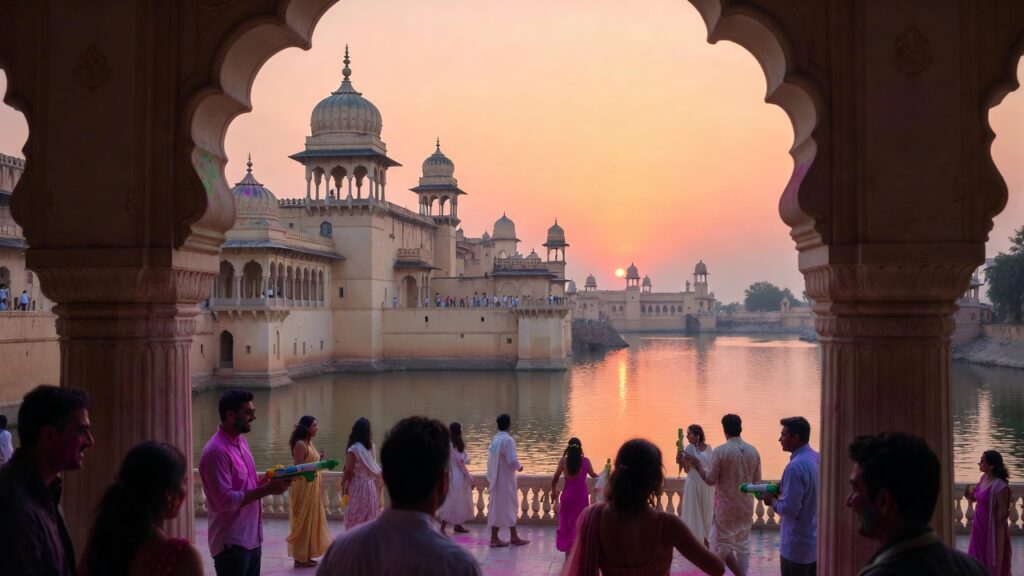 Luxury Holi celebration in Udaipur palace near lake, sunset reflection on water, elegant guests celebrating with organic colors, royal heritage hotel backdrop, classy festive atmosphere, soft pastel colors, high-end travel photography, cinematic lighting, ultra realistic